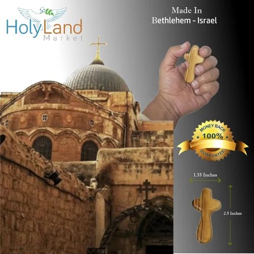 Miniatura 8 de Holy Land Market cruz de mano de madera de olivo con bolsa de regalo de terciopelo, de Belén