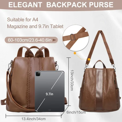 Miniatura 2 de VASCHY - Mochila para mujer, de piel sintética, moderna, antirrobo, mochila para mujer, con tejido clásico., Marrón), VAAU061BR