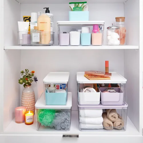 Miniatura 6 de Rosanna Pansino x iDesign - Tocadiscos divididos de plástico reciclado Lazy Susan con tapa, contenedor transparente/divisor de chispas de lavanda
