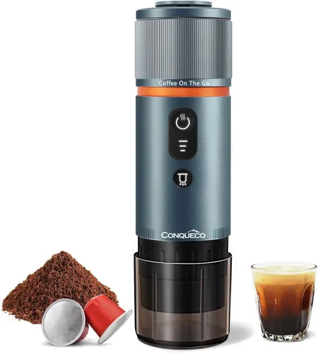 CONQUECO Máquina de café espresso portátil: 12V eléctrica pequeña máquina de viaje Expresso - Autocalentamiento 8 tazas funciona con pilas