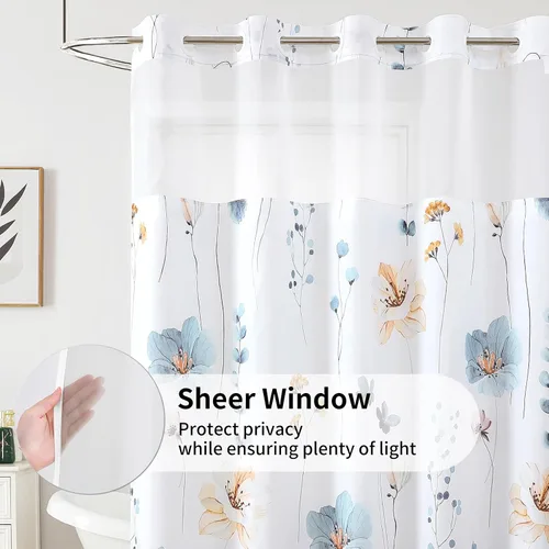 Miniatura 2 de QiyI Cortina de ducha de flores con forro a presión, cortina de baño de tela floral de acuarela azul beige, cortinas de ducha sin gancho con ventana