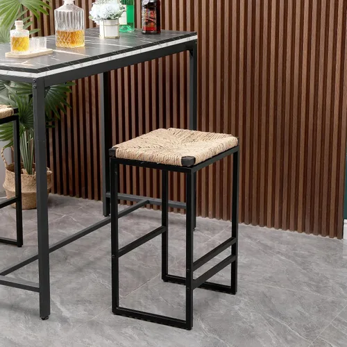 Miniatura 4 de Juego de 2 taburetes de bar de altura de mostrador, cuerda de papel tejida a mano y marco de metal, taburetes de isla de cocina de granja
