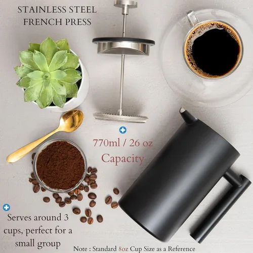 Miniatura 5 de Mixpresso Cafetera de Prensa Francesa de Acero Inoxidable Negro 26 Oz 770 ml, Prensa Francesa de Acero Inoxidable con Aislamiento de Doble Pared