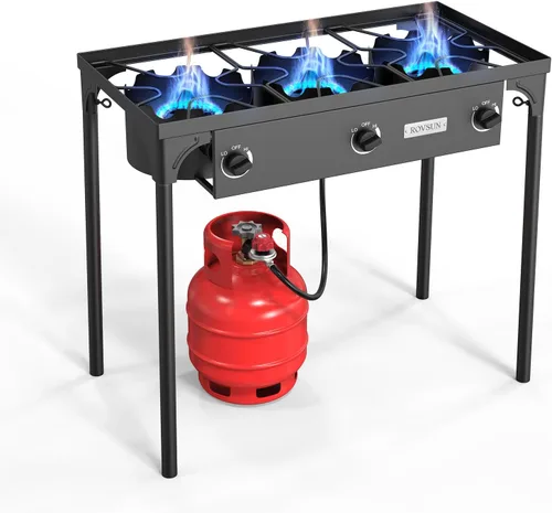 ROVSUN Estufa de gas propano portátil de 3 quemadores, 225,000 BTU de alta presión para exteriores y camping con regulador listado CSA, cocina de