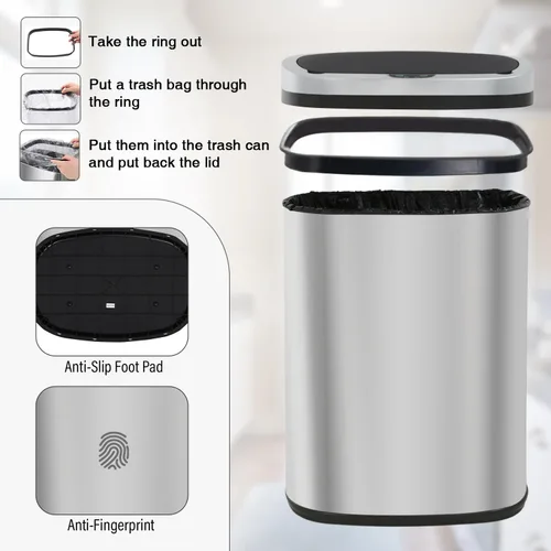 Miniatura 6 de PayLessHere Basurero de 13 galones de acero inoxidable Acero Tapa automática sin contacto con sensor de movimiento Bote de basura de cocina