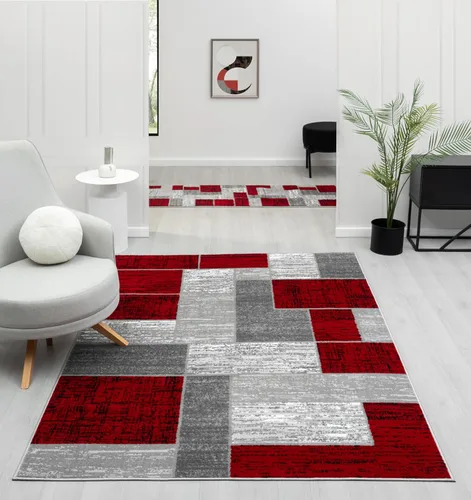 Miniatura 12 de L'Baiet Verena - Alfombra geométrica roja y gris de 8 x 10 pies, alfombra de área grande para sala de estar, dormitorio, mesa de comedor, oficina