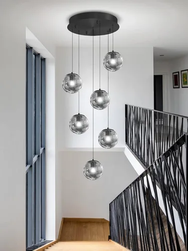 Miniatura 34 de ykolupty Escalera LED de 10 luces LED moderna con globo de cristal, lámpara colgante grande para techos altos, accesorios de iluminación de entrada