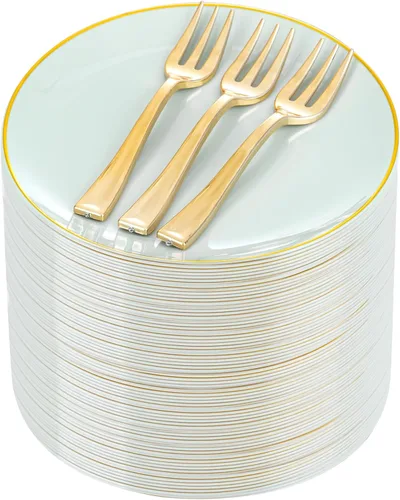 Miniatura 10 de Festiva 200 platos de postre dorados con purpurina de 6.3 pulgadas con tenedores de 5 pulgadas, platos pequeños de plástico para postre, pasteles