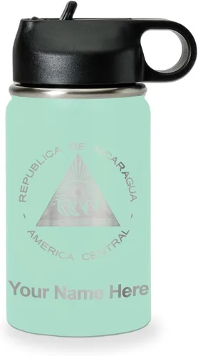 Miniatura 61 de LaserGram Botella de agua personalizada, bandera de Nicaragua, acero inoxidable de doble pared aislada al vacío con popote superior, regalo grabado