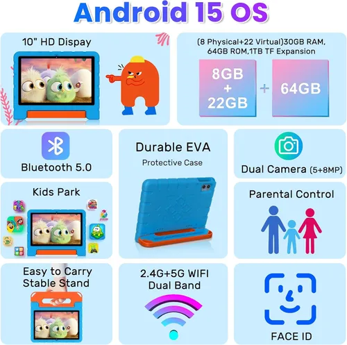 Miniatura 2 de Tableta infantil 2025 con Android 15 de 10 pulgadas para niños Octa-Core, 30GB+64GB (TF 1TB), tableta para niños pequeños con funda a prueba