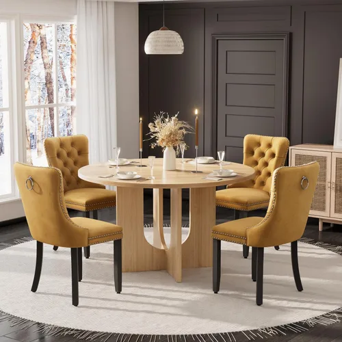 Miniatura 35 de Mesa de comedor redonda de 47 pulgadas para juego de mesa de cocina rústica de 6,7 piezas, mesa de comedor de granja, sillas negras de alta gama