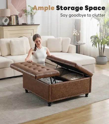 Miniatura 3 de Tbfit Banco otomano de almacenamiento cuadrado grande, mesa de centro otomana tapizada con tapa de elevación y patas de madera maciza, caja de Marrón