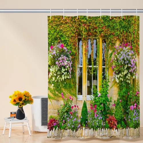 Miniatura 8 de Cortina de ducha de pared floral de primavera, ciudad de campo, hojas de hiedra verde, flores de flores de Italia, cortina de ducha para decoración