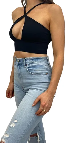 Miniatura 3 de Anova Top corto negro sexy con corte entrecruzado, agujero de cerradura debajo del pecho, cuello en V profundo profundo, top halter para salir