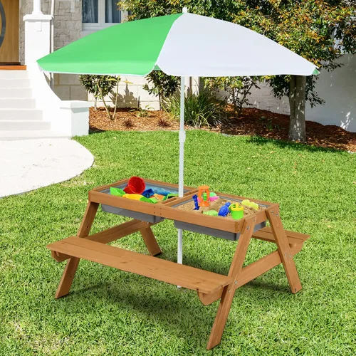 Miniatura 11 de KOTEK Mesa de picnic para niños, mesa de arena y agua 3 en 1 con mesa desmontable, 2 cajas de juego extraíbles, paraguas plegable y ajustable en Azul