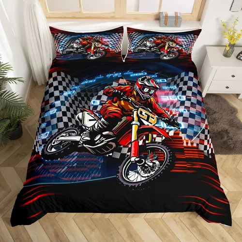 Miniatura 9 de Feelyou Juego de funda de edredón de motocross para deportes extremos, juego de ropa de cama de carreras de motocross para niños, decoración