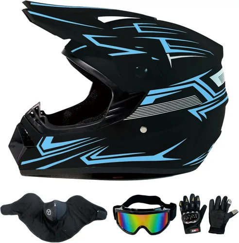 Casco de motocross ATV motocicleta de cara completa todoterreno E Bike casco DOT con gafas y guantes máscara de rayas azules M (22.0-22.4 in)