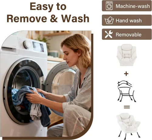 Miniatura 4 de Welnow Silla Lazy con otomana, moderna silla de lectura con reposabrazos y un bolsillo lateral, juego de sofá perezoso tapizado de ocio con Beige