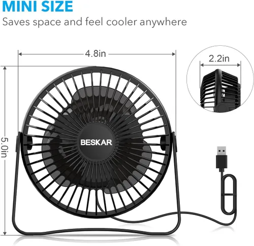 Miniatura 8 de BESKAR Ventilador de escritorio pequeño USB, ventiladores portátiles con 3 velocidades de flujo de aire fuerte, funcionamiento silencioso y rotación