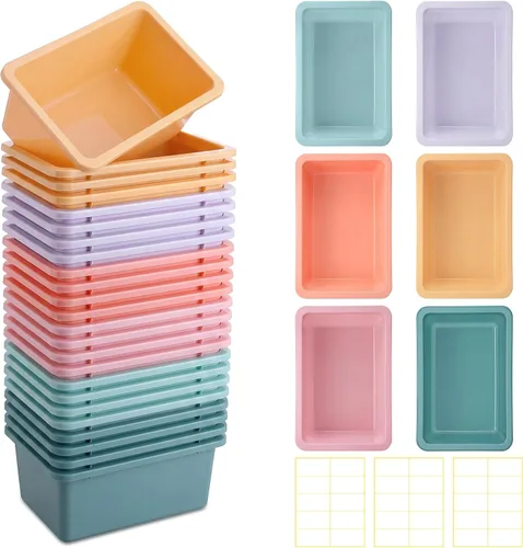 Thyle 24 cubos de plástico con etiquetas de 11.6 x 7.7 x 5 pulgadas, contenedores de almacenamiento apilables para libros y aulas (color pastel