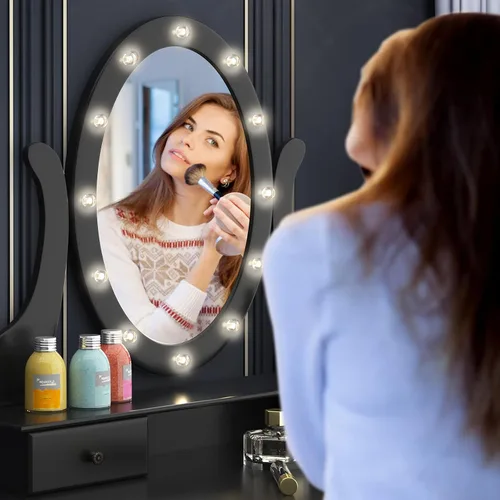 Miniatura 5 de AUGESTER - Juego de tocador de maquillaje iluminado, juego de tocador con 12 luces, espejo ovalado giratorio de 360°, 5 cajones deslizantes