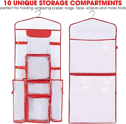 Miniatura 2 de Almacenamiento de papel de regalo colgante Organizador de papel de regalo de doble cara Bolsillos para bolsas de regalo, cinta, lazos y Rojo