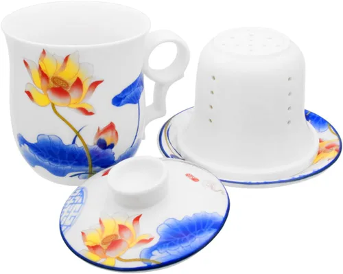 Miniatura 5 de Taza de té de porcelana con tapa de infusor y juegos de platillos – Taza de café de cerámica china Jingdezhen Taza de té de hoja suelta Sistema