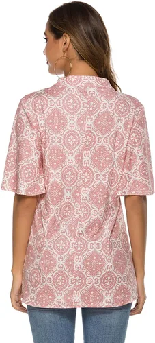 Miniatura 5 de HOCOSIT - Camiseta de manga corta con olanes y cuello en V con estampado de flores, plisada y abotonada, para mujer