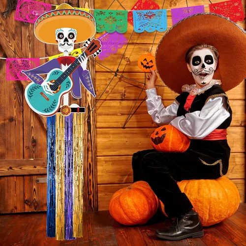 Miniatura 8 de TaoBary Juego de 15 decoraciones del Día de los Muertos de 34 pulgadas, decoración colgante de calavera de azúcar de 16.4 pies, pancartas de papel