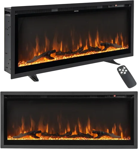 Tangkula Chimenea eléctrica de 42 pulgadas empotrada en la pared, montada en la pared e independiente, calentador lineal de chimenea de 750 W/1500 W