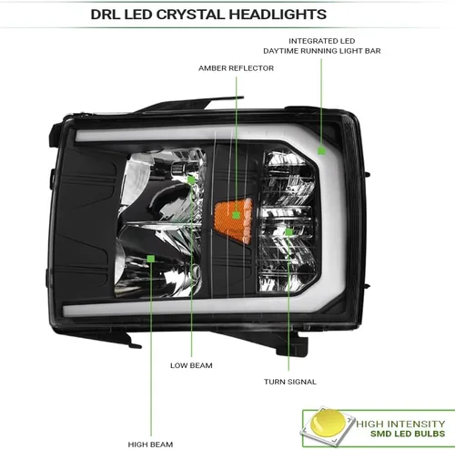 Miniatura 3 de 7422441821830 Compatible con Chevy Silverado 2007-2013 1500/2007-2014 2500 3500 HD DRL LED Strip Bar Faros delanteros con reflector ámbar