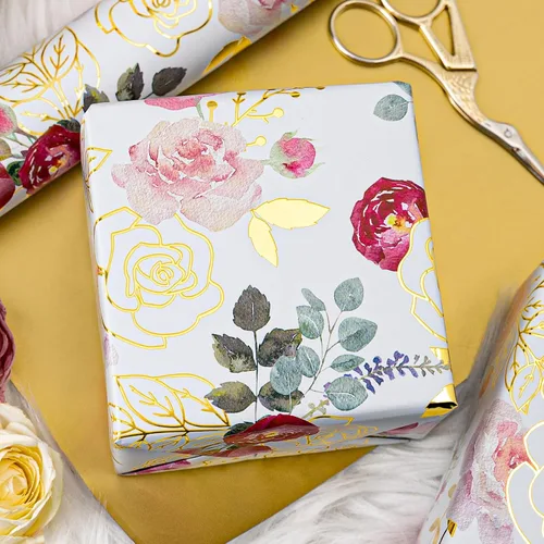 Miniatura 6 de Merture Rollo de Papel de Regalo con Rosas de Acuarela - 17 Pulgadas x 32.8 Pies (46.5 pies cuadrados) Papel de Regalo Floral de Papel Aluminio
