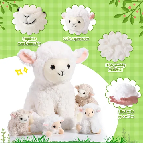 Miniatura 3 de Lenwen Juego de 5 juguetes de peluche de cordero, peluche de cordero de 14 pulgadas con 4 lindos bebés en ella, con cremallera, suave peluche