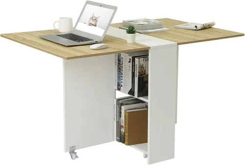 Miniatura 7 de Mesa de comedor plegable Tiptiper con 6 ruedas, mesa de comedor de hojas abatibles con estantes de almacenamiento, mesa de cocina plegable