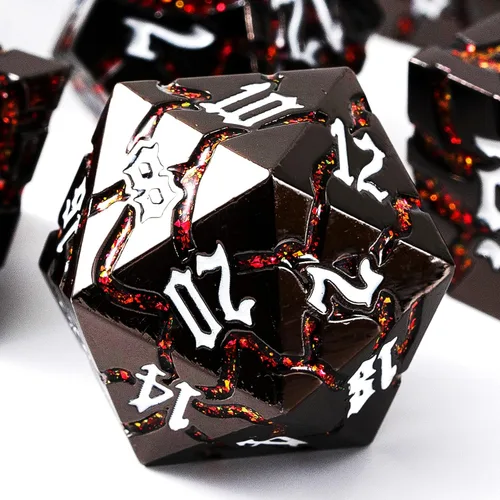 Miniatura 13 de Dados de metal para DND – Ruinas de faraón oro oscuro con grietas moradas – Juego de dados poliédricos para D&D, RPG y más – Bellamente detallados