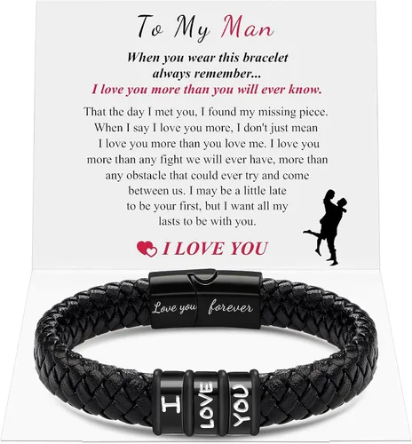 SheCare Pulseras para hombre, regalos para hombres, pulseras de cuero para regalos del día del padre, pulseras trenzadas negras para hombre, novio,