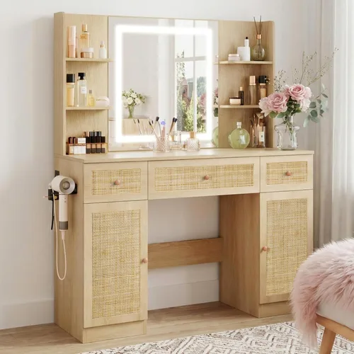 Miniatura 8 de Yechen - Tocador de 35" estilo bohemio con espejo iluminado con LED y regleta de enchufes, juego de mesa de maquillaje de madera con cajones