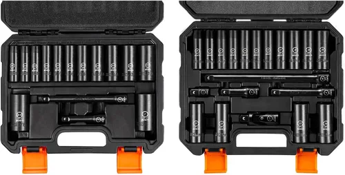 Boen Juego de 35 piezas de llaves de impacto, unidad de 1/2 pulgada y unidad de 3/8 pulgadas SAE (1/4" a 1") y métricas (0.394-0.945 in), barras de