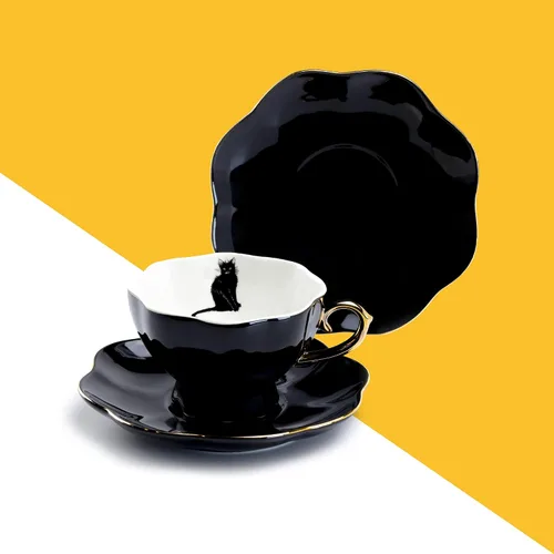 Miniatura 2 de Taza de té y platillo de oro negro con ribete dorado Raven gato negro serpiente araña Halloween (taza de té y platillo de gato negro)