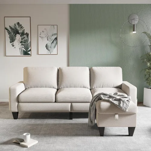 Miniatura 5 de Sofá modular convertible en forma de L, sofás beige para sala de estar con diván reversible, sofás modulares de lino moderno de 3 asientos para sala