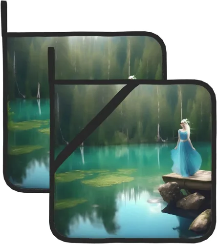Juego de almohadillas calientes de 8 x 8 pulgadas con estampado de hadas de lago, antideslizante, resistente al calor, para hornear y cocinar Lake