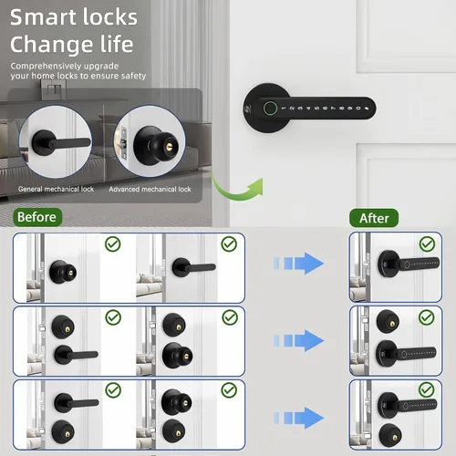 Miniatura 5 de Cerradura electrónica inteligente de huellas dactilares, entrada sin llave con asa, códigos, aplicación, tarjetas IC, huellas dactilares, llaves