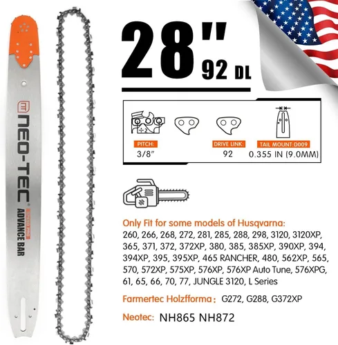 Miniatura 2 de NEO-TEC 28 pulgadas laminado motosierra guía barra sierra cadena Combo 3/8 paso 92DL para Oregon 248RNDD009 apto para Husqvarna 372XP G372XP NH872