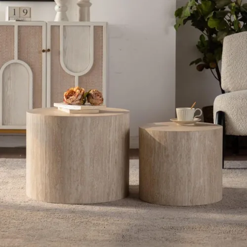 Miniatura 12 de WILLIAMSPACE Juego de 2 mesas de centro anidables, mesas de centro redondas de madera, mesa moderna circular para espacios pequeños, sala de estar