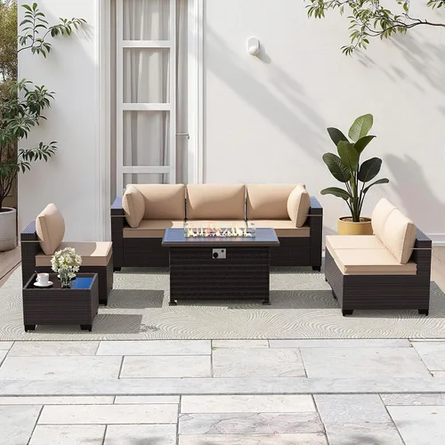 Miniatura 8 de Gotland Juego de muebles de patio de 8 piezas con mesa con fogón, muebles de ratán para exteriores para todo tipo de clima con respaldo alto de 2