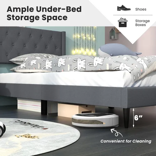 Miniatura 5 de Giantex Base de cama de plataforma de tamaño individual con respaldo de alas, base de cama tapizada de tela con cabecera capitonada con botones