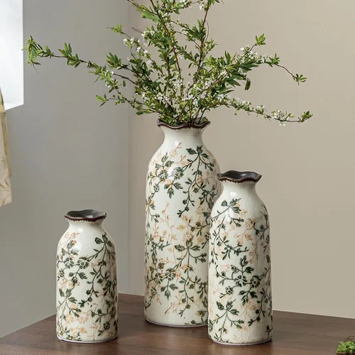 Juego de 3 jarrones de cerámica verde y beige, florero rústico y vintage para decoración del hogar estilo “chinoiserie” y “grandmillenial” para