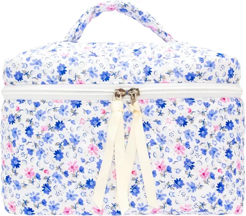 Miniatura 19 de PAZIMIIK - Bolsa de maquillaje de algodón para mujer, grande, acolchada para viaje, Rosa (Bow Pink), Vintage