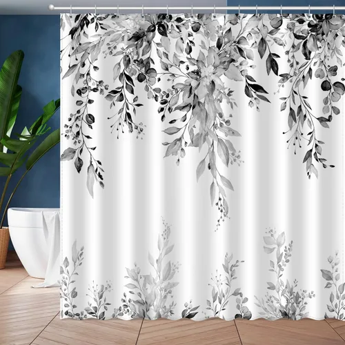 Miniatura 9 de JWXCBIM Cortina de ducha azul con hojas de eucalipto, cortina de baño decorativa con arte estético de acuarela de plantas y flores, juego de cortina