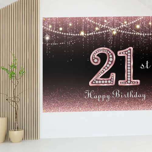 Miniatura 7 de HAMIGAR Fondo de pancarta de feliz cumpleaños 21 de 6 x 4 pies, decoraciones de cumpleaños de 21 años, suministros de fiesta para mujeres, oro rosa